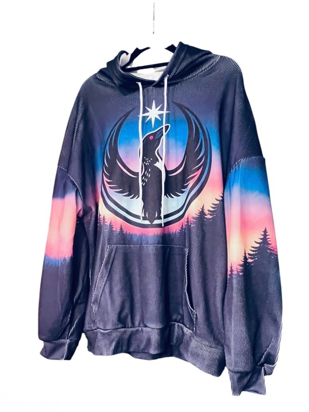 NWOT Men’s Large Raven Graphic Hoodie Sunset Forest Goth Streetwear